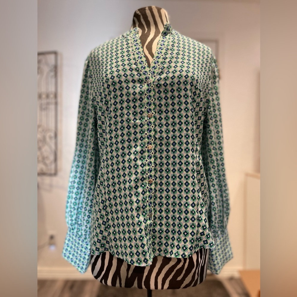 NWT Carolina Belle Blue Green Geometric Blouse Large
